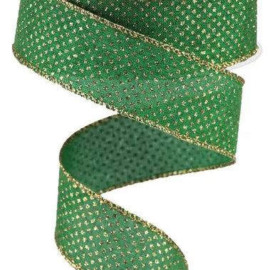 1.5"x10YD GLITTER MICRO DOT ON ROYAL - EMERALD GREEN/LIGHT GOLD - RGA1731MF
