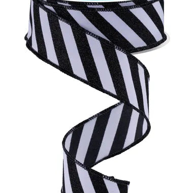 1.5"X10YD DIAGONAL GLITTER STRIPE - WHITE/BLACK - RGF194227