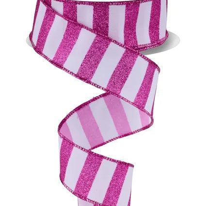 1.5"X10YD HORIZONTAL GLITTER STRIPES - WHITE/HOT PINK - RGF196627