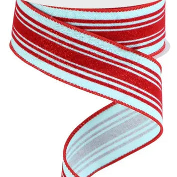 1.5"X10YD GLITTER VELVET VERTICAL LINES - ICE BLUE/RED - RGC1815H1