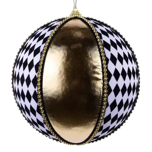 150MM METALLIC/HARLEQUIN/DIAMOND BALL ORNAMENT - GOLD/BLACK/WHITE - XJ7504FT