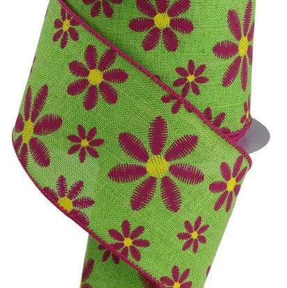 2.5"X10YD FAUX EMBROIDERY MIXED DAISY - LIME/FUCHSIA/YELLOW - RGE1192Y2