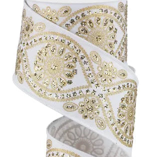 2.5"X10YD DELUXE WAVY FLORAL - WHITE/GOLD - RGE196227