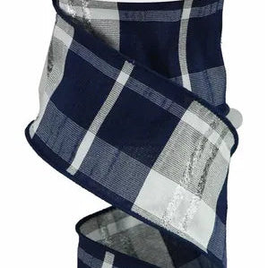 2.5"x10YD PLAID FAUX DUPIONI - NAVY BLUE/SILVER/WHITE - RGA1234TY
