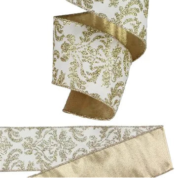 2.5"X10YD BOLD DAMASK/METALLIC FUSED BACK - IVORY/LIGHT GOLD - RGX000330