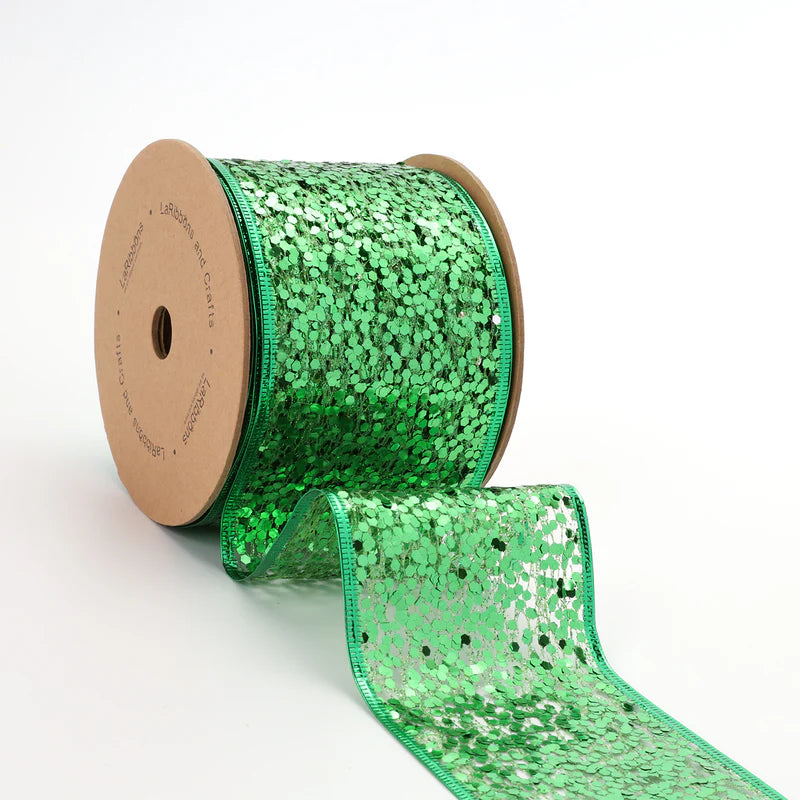 3"X10YD SEQUIN WIRED RIBBON - GREEN - LA RIBBON - WR-10250-075-10