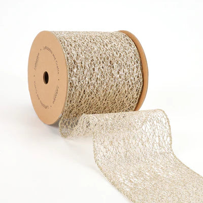 4"X10YD MESH WIRED RIBBON - WHITE GOLD - LARIBBON - WR-10252-100-10