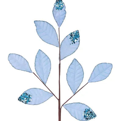 27"L VELVET/GLITTER MAGNOLIA LEAF SPRAY X9 - LIGHT BLUE - XS255214