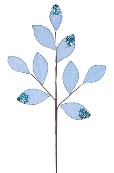 27"L VELVET/GLITTER MAGNOLIA LEAF SPRAY X9 - LIGHT BLUE - XS255214
