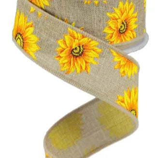 1.5"X10YD MULTI SUNFLOWERS/ROYAL BURLAP - YELLOW/ORANGE/RUST/BROWN/BEIGE - RG01872CJ