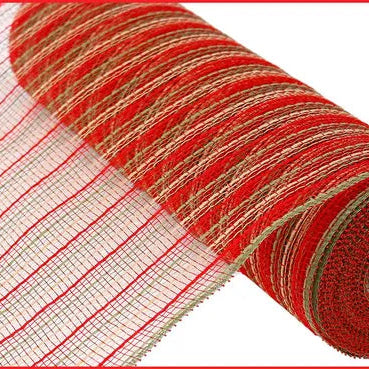 10.25"X10YD POLY/FAUX JUTE MESH - RED/MOSS GREEN/NATURAL TAN - RY830361