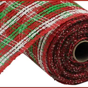 10"X10YD POLY BURLAP STRIPE CHECK MESH - RED/WHITE/EMERALD GREEN - RP813973