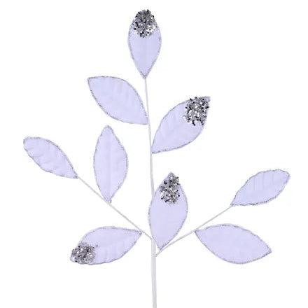 27"L VELVET/GLITTER MAGNOLIA LEAF SPRAY X9 - WHITE/SILVER - XS255230