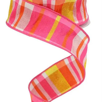 1.5"X10YD FAUX DUPIONI PLAID - HOT PINK/ORANGE/YELLOW - RGP109792