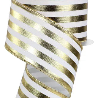 2.5"X10YD METALLIC VERTICAL STRIPES - WHITE/GOLD - RGE1429C6