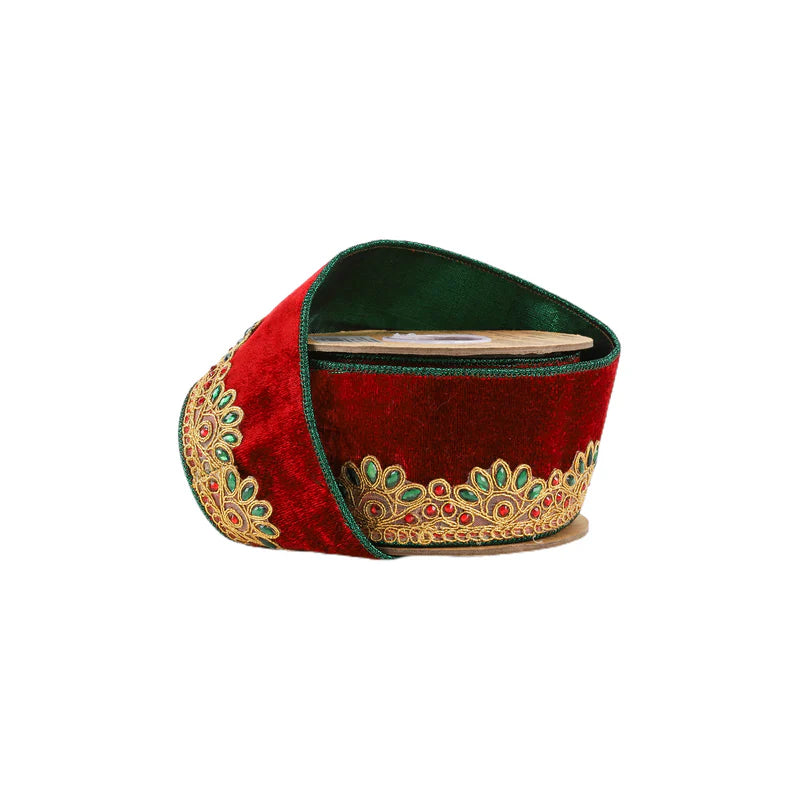 2 1/2"X5YD WIRED PREMIUM VELVET RIBBON - GOLD SCALLOP JEWEL TRIM - LA RIBBON - 7053W-250-63C