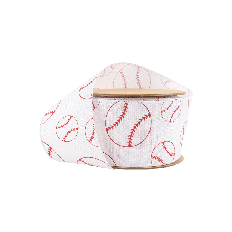 2 1/2"X10YD WIRED COTTON RIBBON BASEBALLS - WHITE/RED - LA - 4417W-029-63E