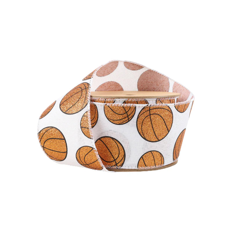 2 1/2"X10YD WIRED COTTON RIBBON GLITTER BASKETBALLS ON WHITE - WHITE/BROWN/BLACK - LA - 4419W-029-63E