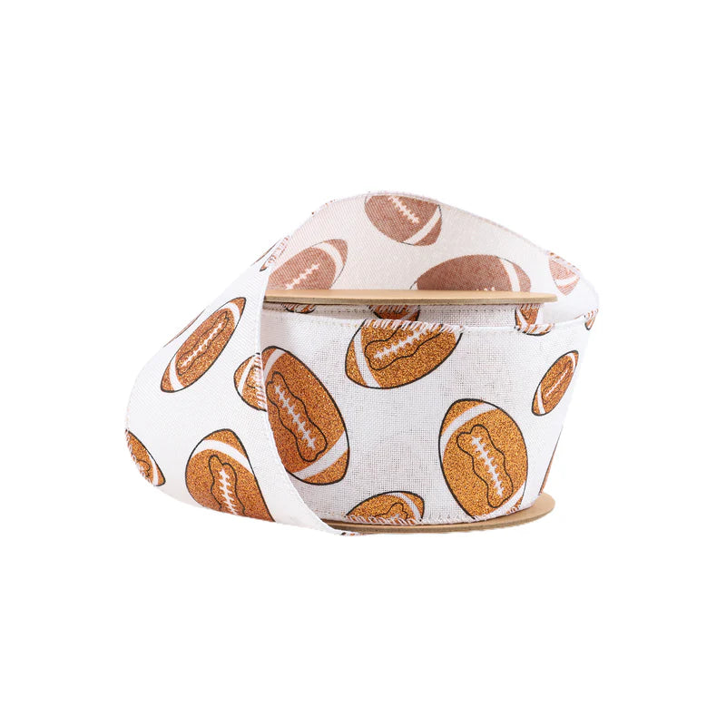 2 1/2"X10YD WIRED COTTON RIBBON GLITTER FOOTBALLS ON WHITE - BROWN/BLACK/WHITE - LA - 4418W-029-63E
