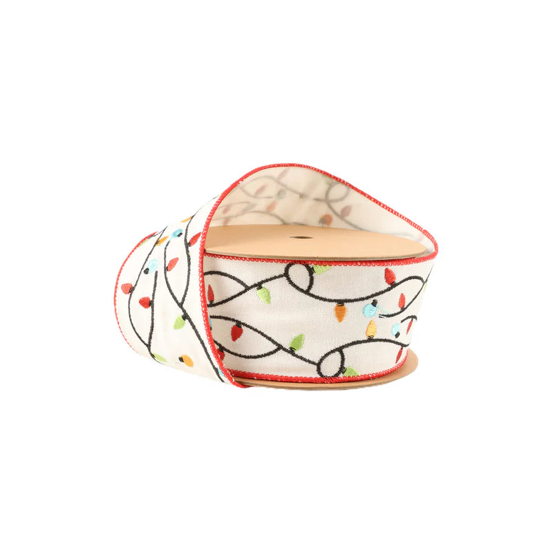 2 1/2"X5YD WIRED RIBBON - EMBROIDERED CHRISTMAS LIGHTS - LA RIBBON - 6901W-029-63C