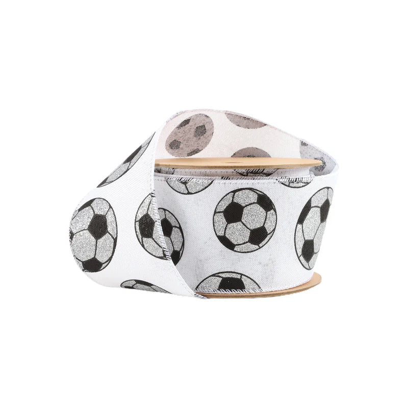 2 1/2"X10YD WIRED COTTON RIBBON GLITTER SOCCER BALLS ON WHITE - WHITE/SILVER/BLACK - LA - 4421W-029-63E