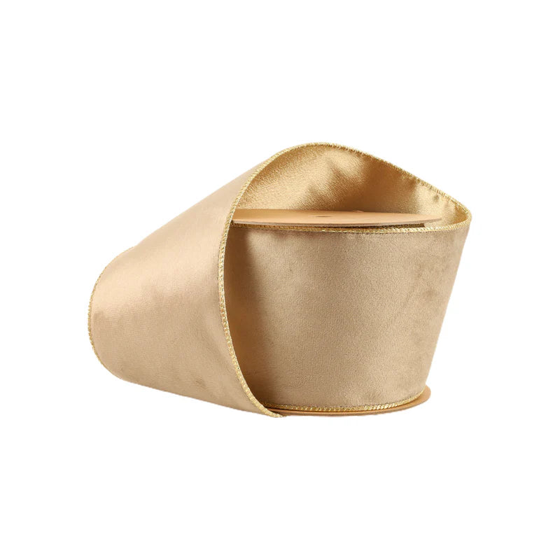 4"X10YD REVERSIBLE CLASSIC VELVET WIRED RIBBON - LATTE/GOLD - LA RIBBON - 7115W-837-100E