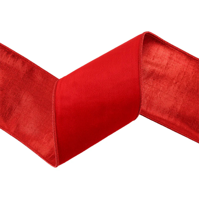 4"X10YD WIRED COZY VELVET RIBBON - RED W/ DOUBLE-FUSED METALLIC RED DUPIONI - 7070W-250-100E