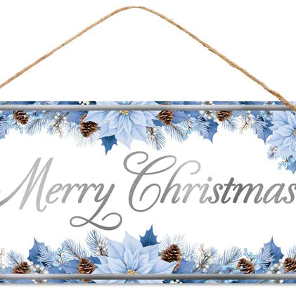 12"LX6"H CHRISTMAS W/ POINSETTIAS SIGN - CREAM/BLUE/SILVER - MD1824F3