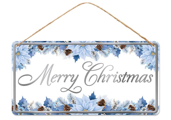 12"LX6"H CHRISTMAS W/ POINSETTIAS SIGN - CREAM/BLUE/SILVER - MD1824F3