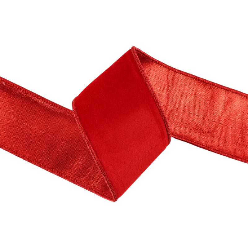 2 1/2"X10YD WIRED COZY VELVET RIBBON - RED WITH DOUBLE-FUSED METALLIC DUPIONI - LA RIBBON - 7070W-250-63E