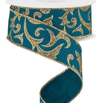 1.5"X10YD ACANTHUS LEAF - DARK TEAL/GOLD - RGE184234