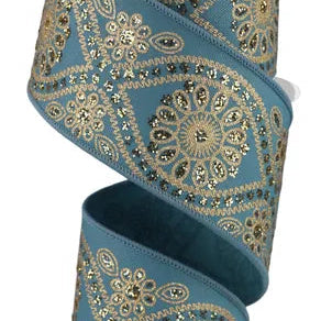 2.5"X10YD DELUXE WAVY FLORAL - SMOKE BLUE/GOLD - RGE1962RA