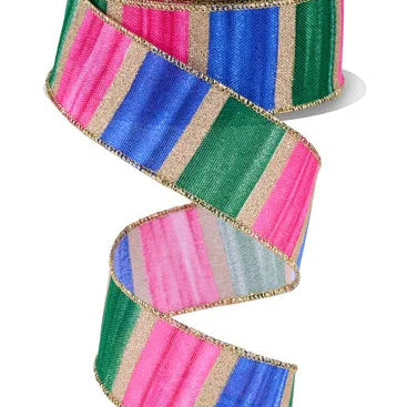 1.5"X10YD WATERCOLOR STRIPES - WHITE/FUSCHA/BLUE/EMERALD/GOLD - RGH1387RW