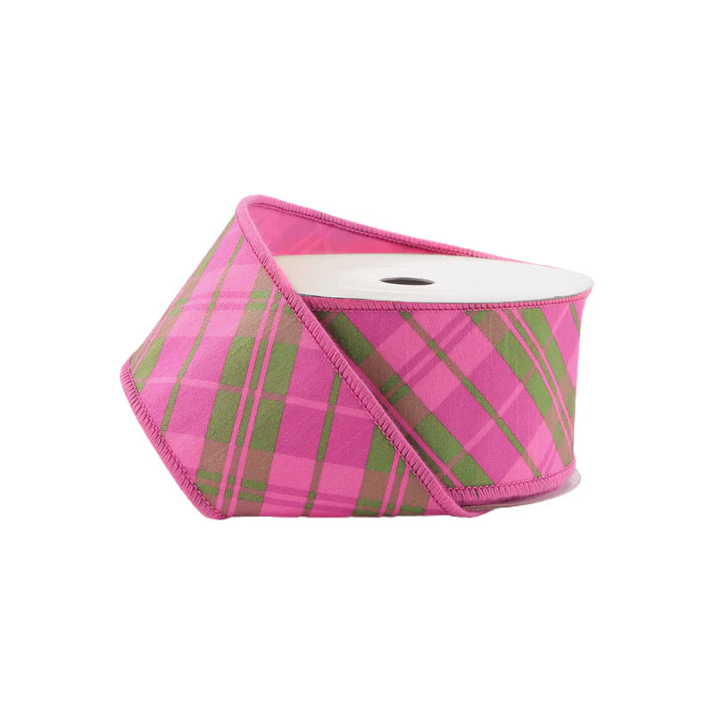 2 1/2"X10YD WIRED DUPIONI RIBBON - BIAS PLAID PINK/MULTI WITH TAFFETA FUSED BACK - LARIBBON - 9003W-175-63E