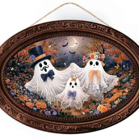 13"LX9"H GHOST FAMILY PORTRAIT SIGN - WHITE/ORANGE/BLACK - AP7472M3