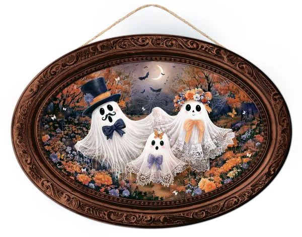 13"LX9"H GHOST FAMILY PORTRAIT SIGN - WHITE/ORANGE/BLACK - AP7472M3