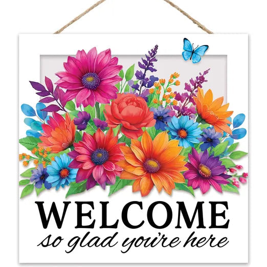 10"SQ WELCOME SO GLAD YOU'RE HERE SIGN - BRIGHT MULTICOLOR - AP7434F6