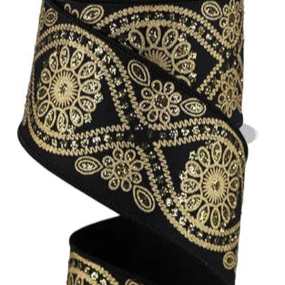 2.5"X10YD DELUXE WAVY FLORAL - BLACK/GOLD - RGE1962D3