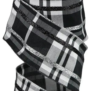 2.5"X10YD DUPIONI PLAID W/GLITTER STRIPE - BLACK/WHITE/SILVER - RGP1000CF