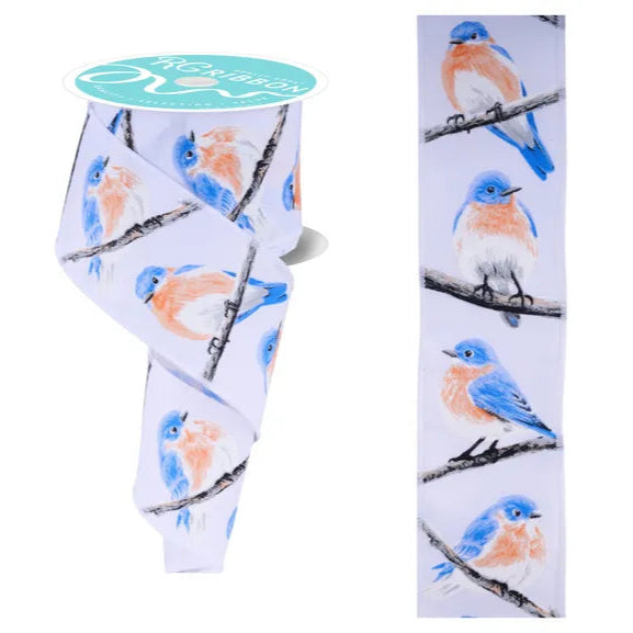 2.5"X10YD FLUFFY BIRDS - WHITE/BLUE/ORANGE/GREY/BLACK - RGF1571RW