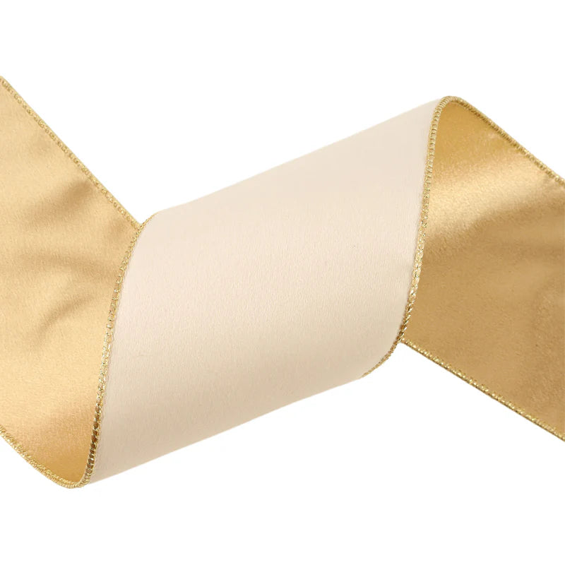4"X10YD REVERSIBLE CLASSIC VELVET WIRED RIBBON - IVORY/GOLD - LA RIBBON - 7115W-810-100E