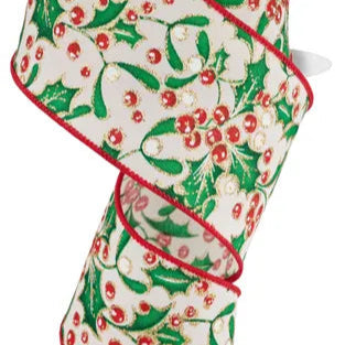 2.5"X10YD HOLLY BERRY/MISTLETOE - CREAM/GREEN/RED/WHITE/GOLD - RGF106638