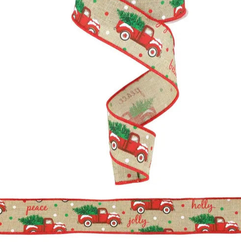 1.5"X10YD CHRISTMAS TRUCKS ON ROYAL - LIGHT BEIGE/WHITE/RED/GREEN - RGB100201