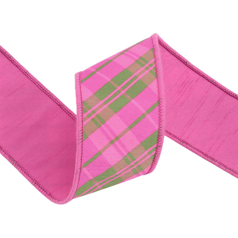 2 1/2"X10YD WIRED DUPIONI RIBBON - BIAS PLAID PINK/MULTI WITH TAFFETA FUSED BACK - LARIBBON - 9003W-175-63E