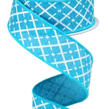 1.5"X10YD GLITTERED ARGYLE ON ROYAL - TURQUOISE/WHITE/SILVER - RG01901A2