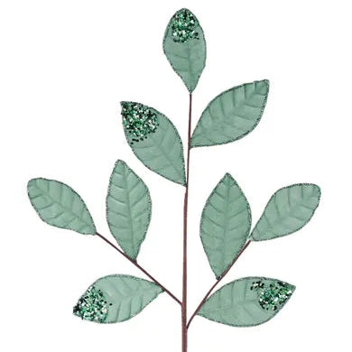 27"L VELVET/GLITTER MAGNOLIA LEAF SPRAY X9 - SAGE GREEN - XS255235
