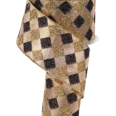 2.5"X10YD GLITTER DIAMOND CHECK - GOLD/BLACK - RG193086