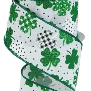 2.5"X10YD PATTERNED SHAMROCKS - WHITE/GREEN/EMERALD/BLACK - RGC187727