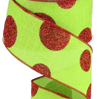 2.5"X10YD GLITTERED MUTLI DOTS ON ROYAL - LIME GREEN/RED - RG0182598