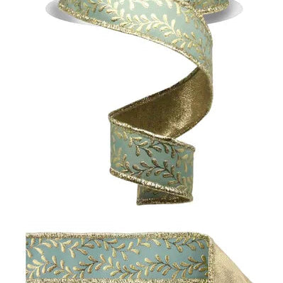 1.5"X10YD FOIL LEAF GARLAND/FUSED - SAGE GREEN/GOLD - D'LUX RIBBON - LX314189